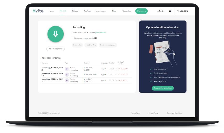 Alrite speech-to-text web app ‘Recording’ screen Alrite speech to text web app 'Recording' screen