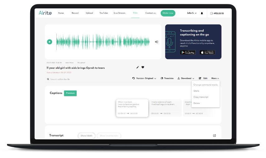 Alrite speech-to-text web app ‘File data sheet’ screen Alrite speech to text web app 'File data sheet' screen