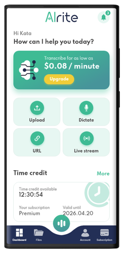 Dashboard of the Alrite speech to text app on a mobile phone screen