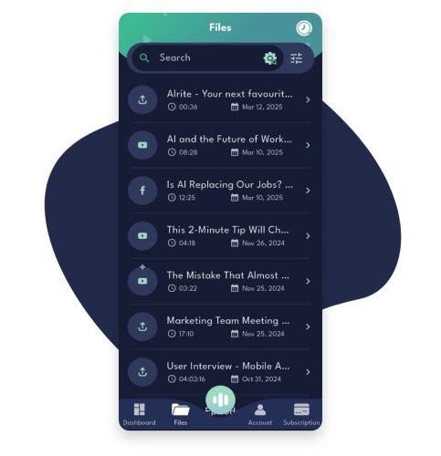 Alrite speech to text mobile app 'File list' screen