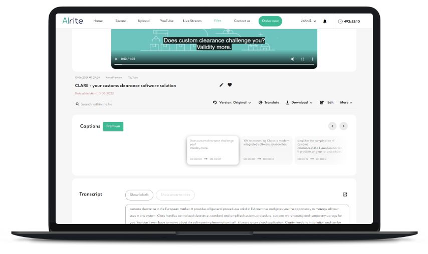 Pantalla "Subtítulos" de la aplicación web de voz a texto Alrite