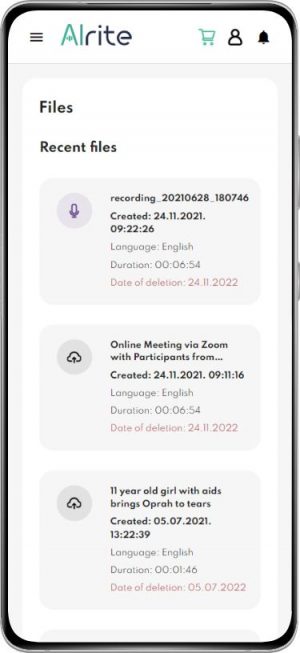 Alrite speech to text app 'files' screen